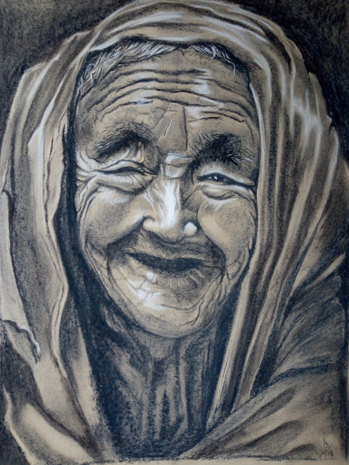 Houtskool tekening Ilse Selbach - oud vrouwtje